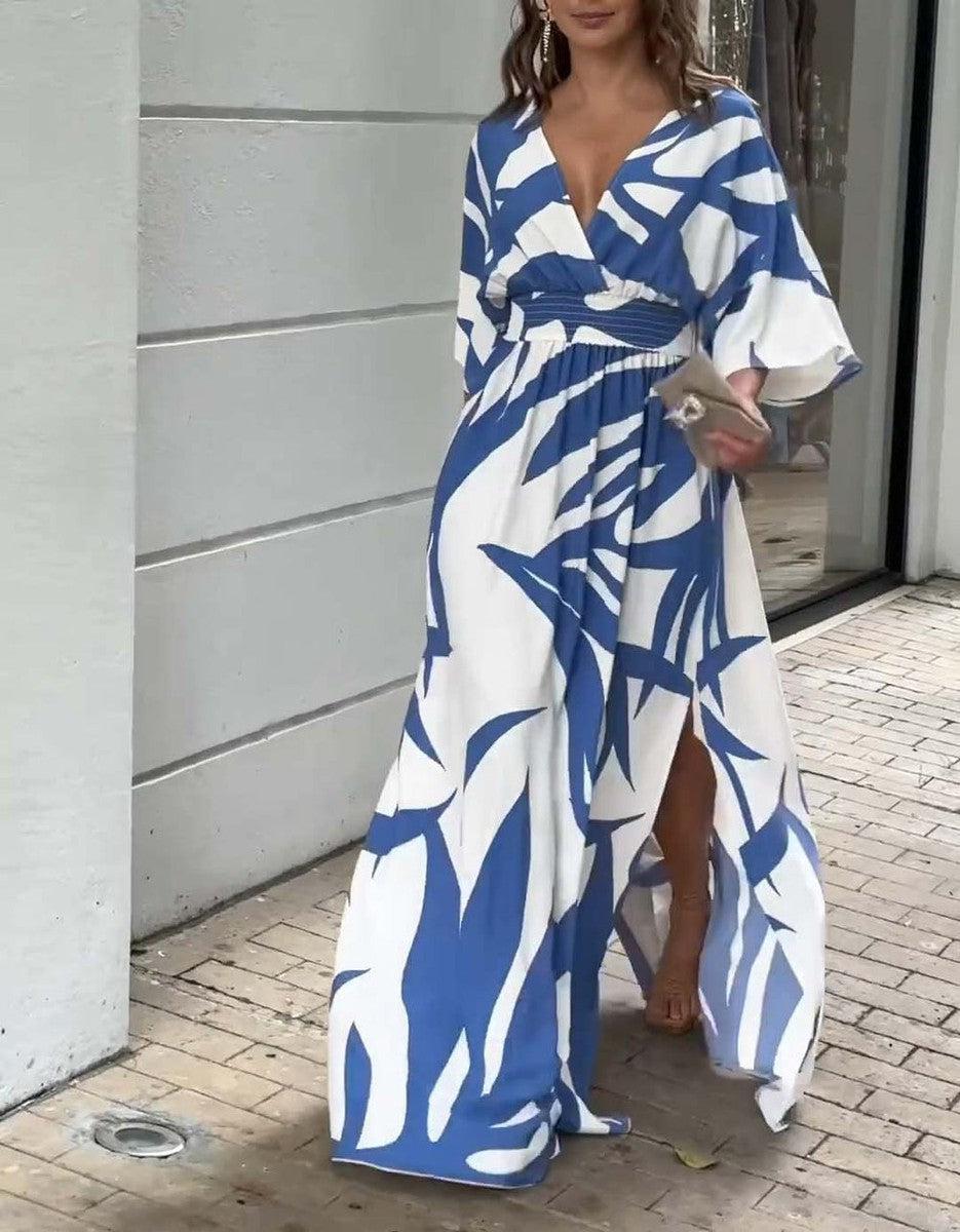 Blue Print 3/4 Sleeve Maxi Dress