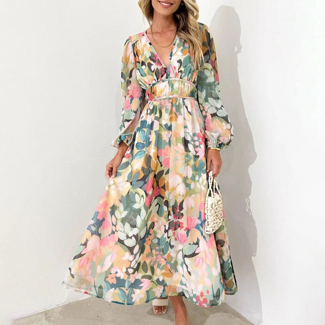 Elegant Floral Print Long Sleeve Maxi Dress