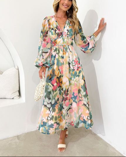 Elegant Floral Print Long Sleeve Maxi Dress