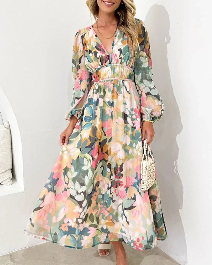 Elegant Floral Print Long Sleeve Maxi Dress