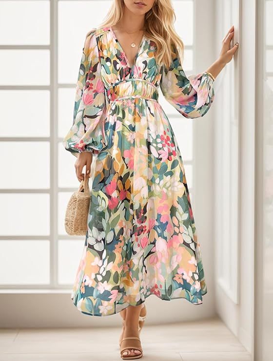 Elegant Floral Print Long Sleeve Maxi Dress